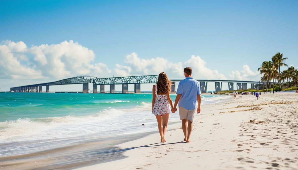 A couple walking hand in hand on Mid-Town Municipal Beach in Palm Beach, with the ocean and Palm Beach Inlet Bridge in the background