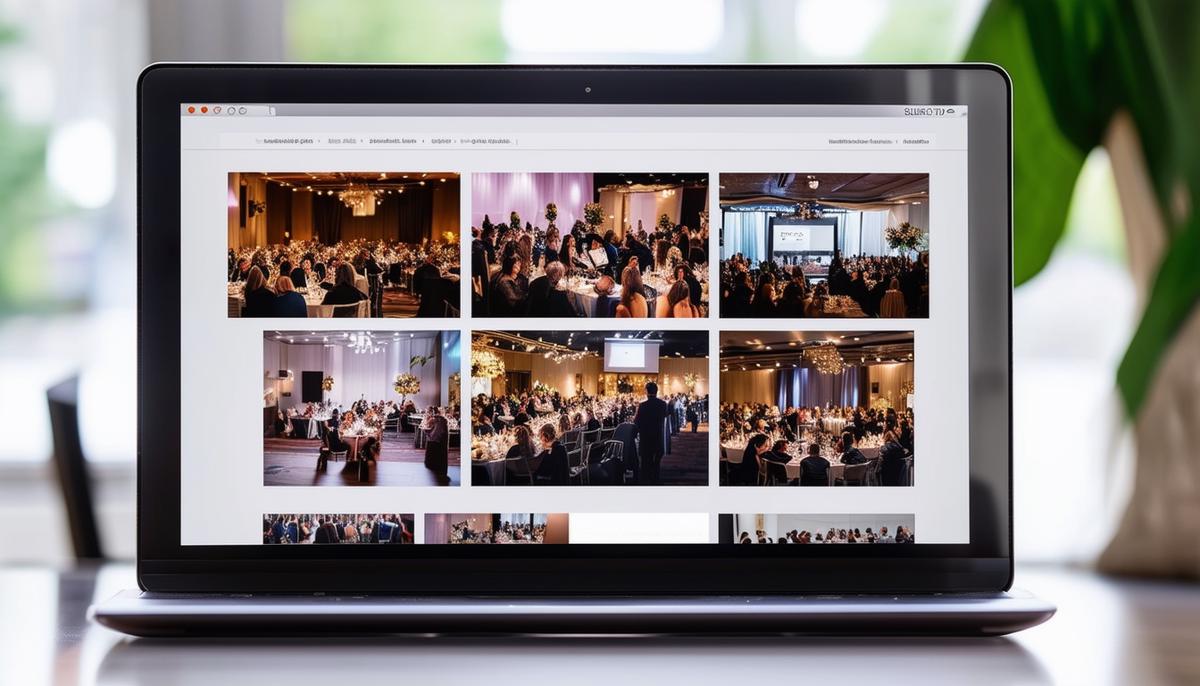 A collection of corporate event photographs displayed on a laptop screen, showcasing a Minneapolis photographer's portfolio