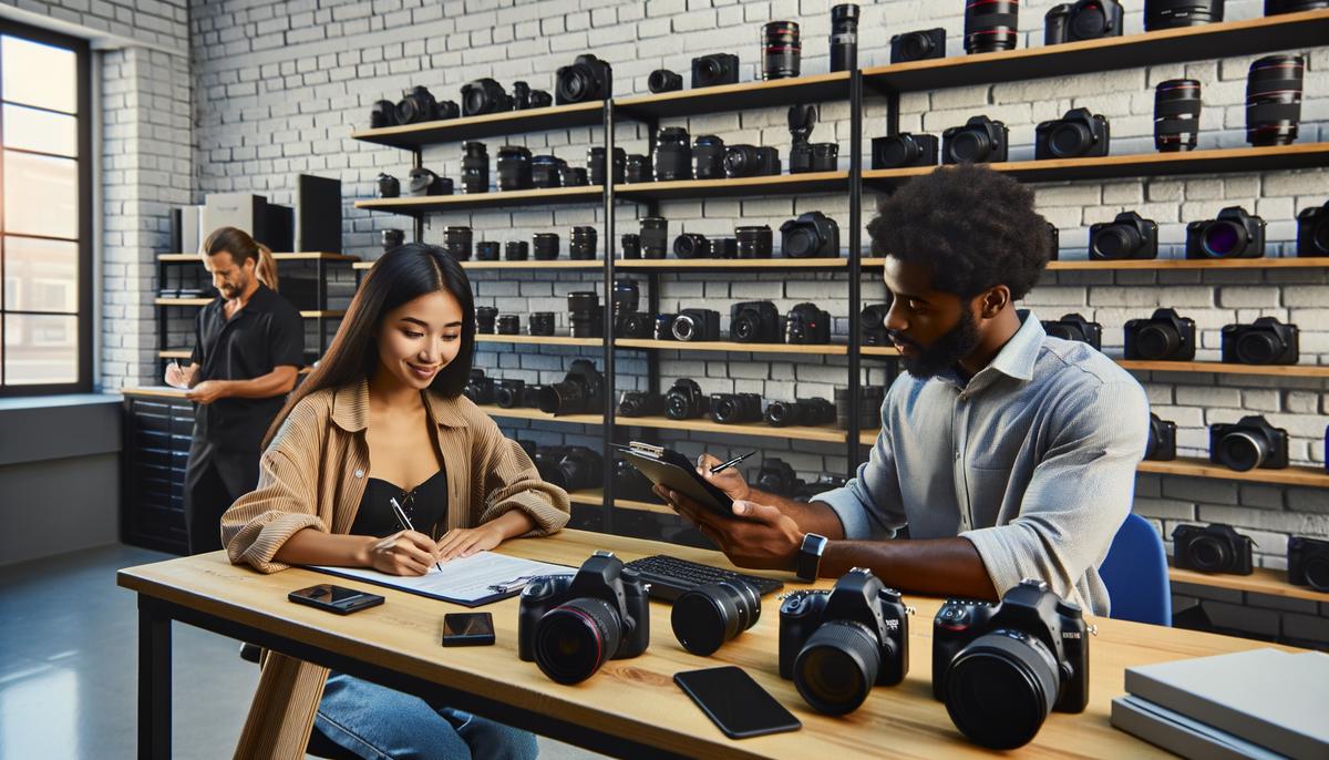 A customer completing the booking process for camera gear rental in Minneapolis, with insurance documents and equipment visible