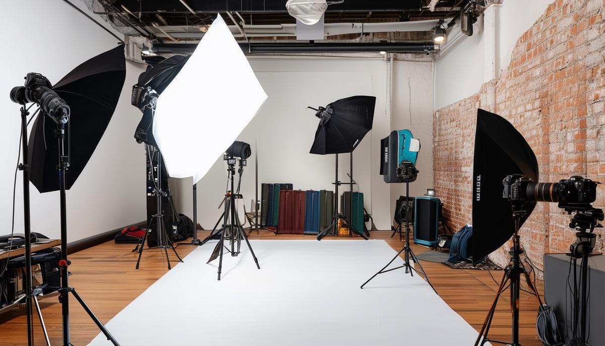 A well-equipped product photography studio in Minneapolis with various cameras, lighting equipment, and props