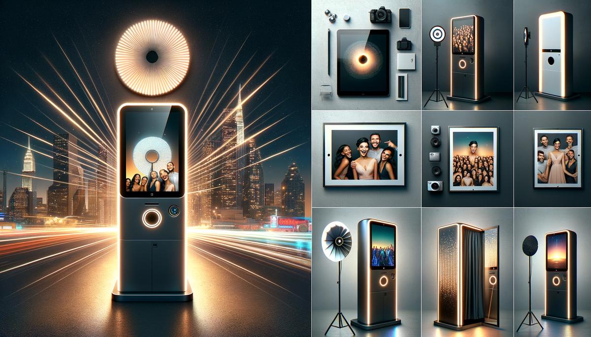 A collage showcasing the variety of modern photo booth rental options available in Miami, including the Salsa Photo Booth, Guac Photo Booth, and MIA Mirror Booth.