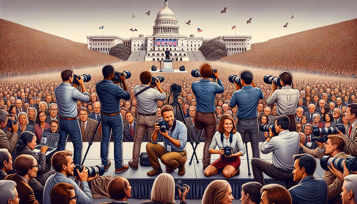 A diverse group of photojournalists with modern digital cameras capturing a presidential inauguration