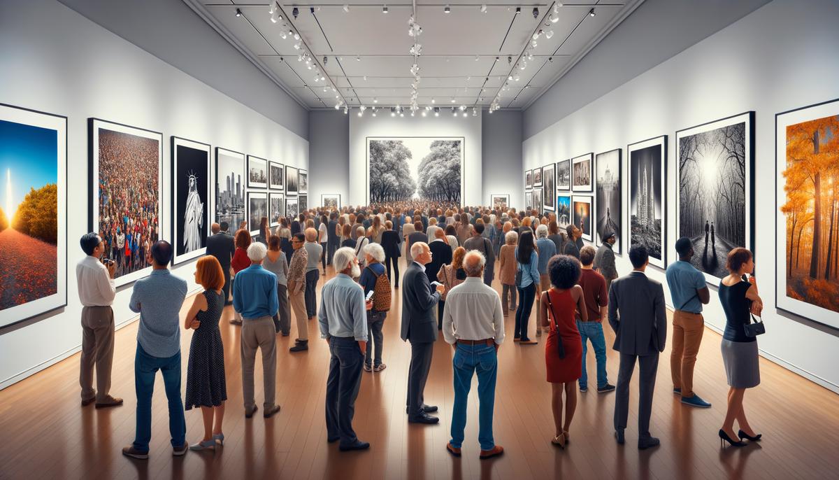 Gallery exhibition during Month of Photography Denver with diverse attendees viewing photographs