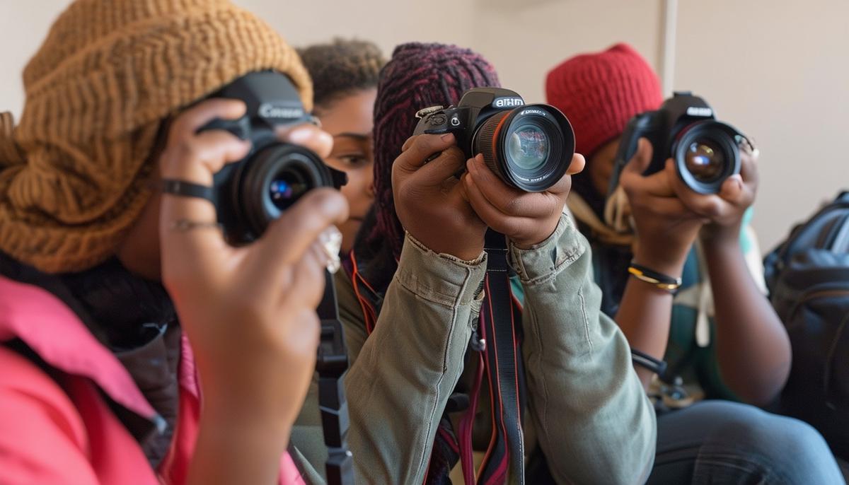 A group of diverse individuals participating in MOPA's 'My Life Through the Lens' program, using cameras to capture personal stories