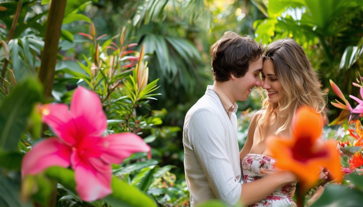 A couple sharing a romantic moment in Mounts Botanical Garden, surrounded by exotic flowers and lush greenery