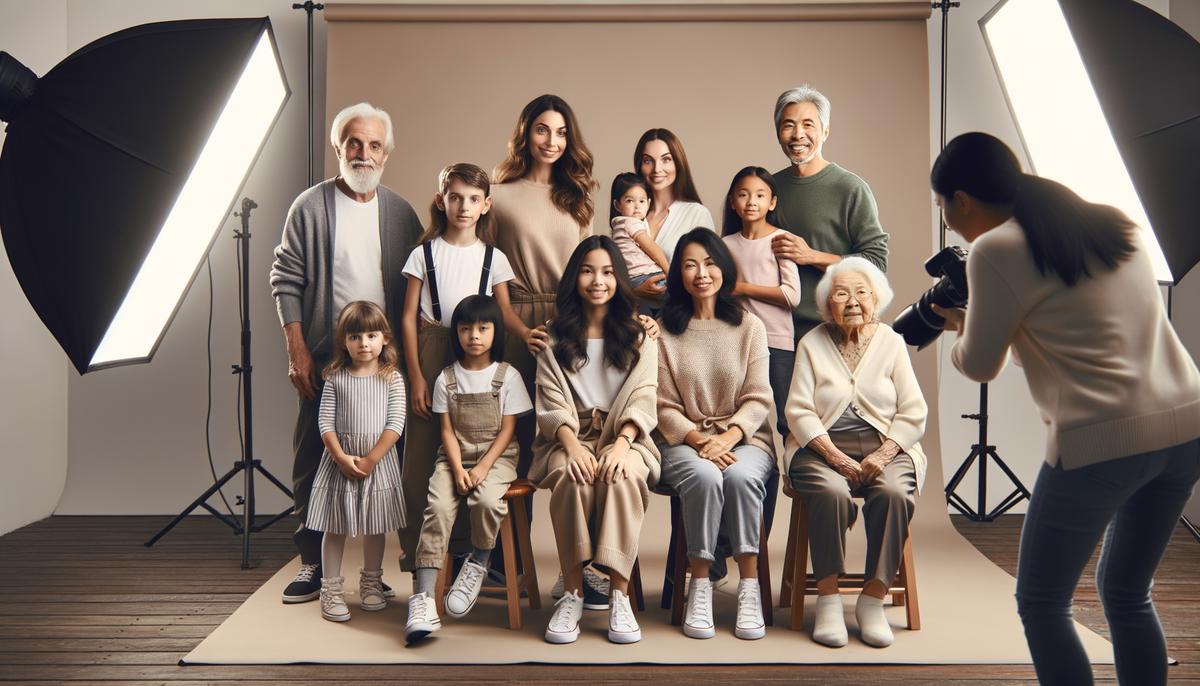 A multi-generational family posing for a portrait, showcasing different age groups