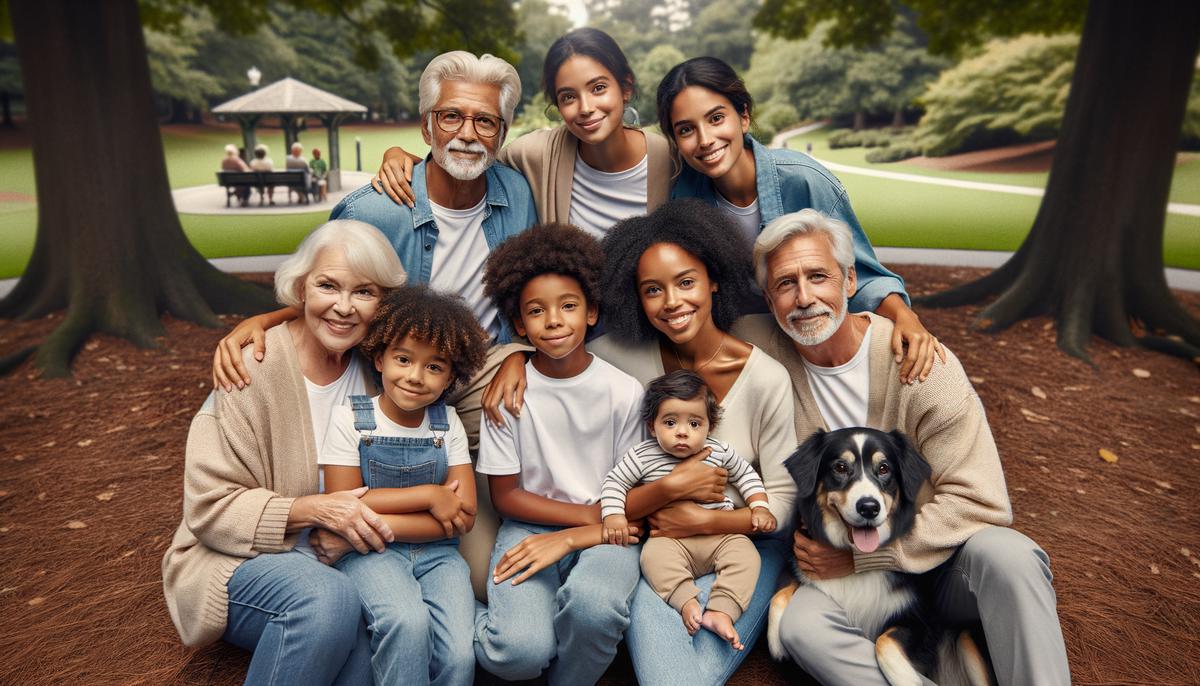 A multi-generational family posing for a portrait in an Atlanta park, including grandparents, parents, children, and a dog