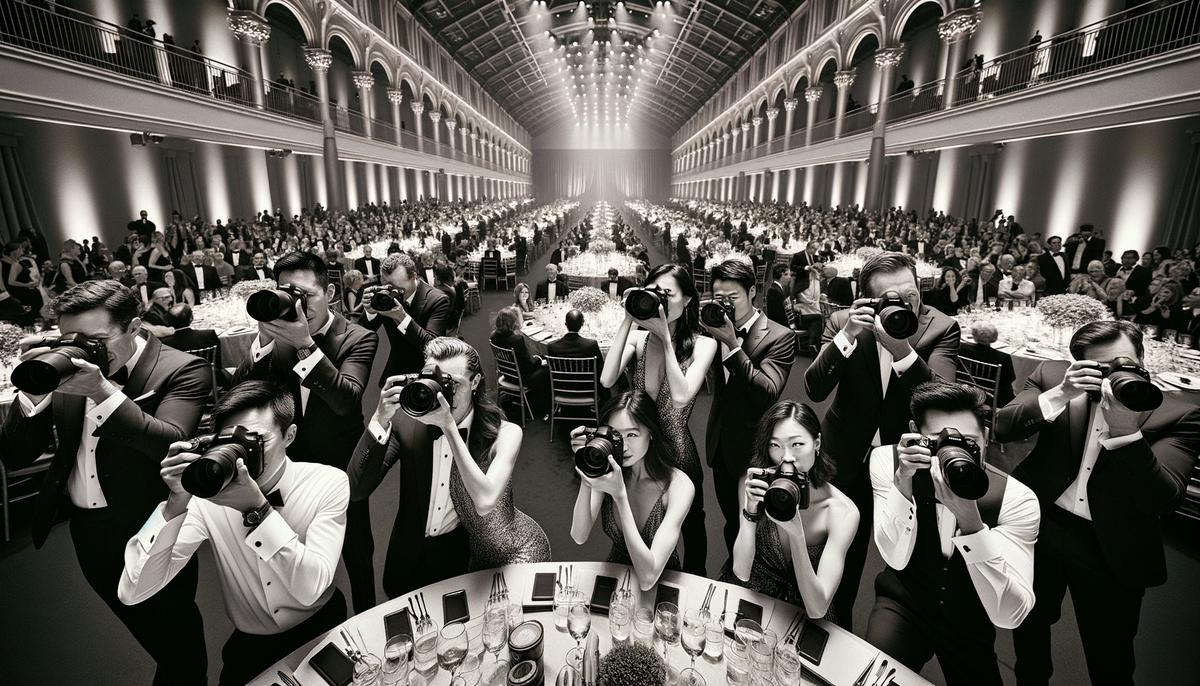 Multiple professional photographers strategically positioned throughout a large, elegant gala venue in San Francisco, capturing various candid moments and posed group shots of the well-dressed attendees.