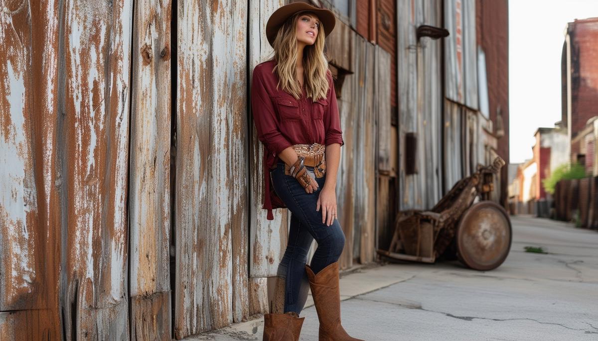 A stylish outfit displayed against a rustic Nashville backdrop, showcasing the city's blend of refined elegance and earthy charm
