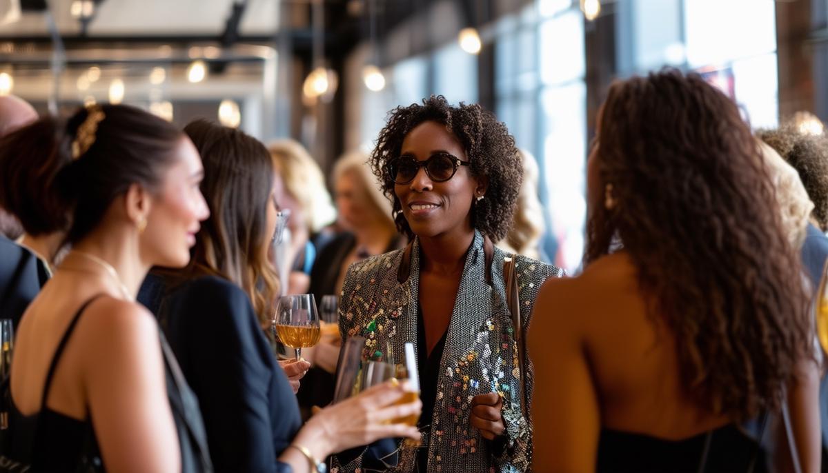A diverse group of fashion professionals engaging in conversation at a stylish Nashville networking event