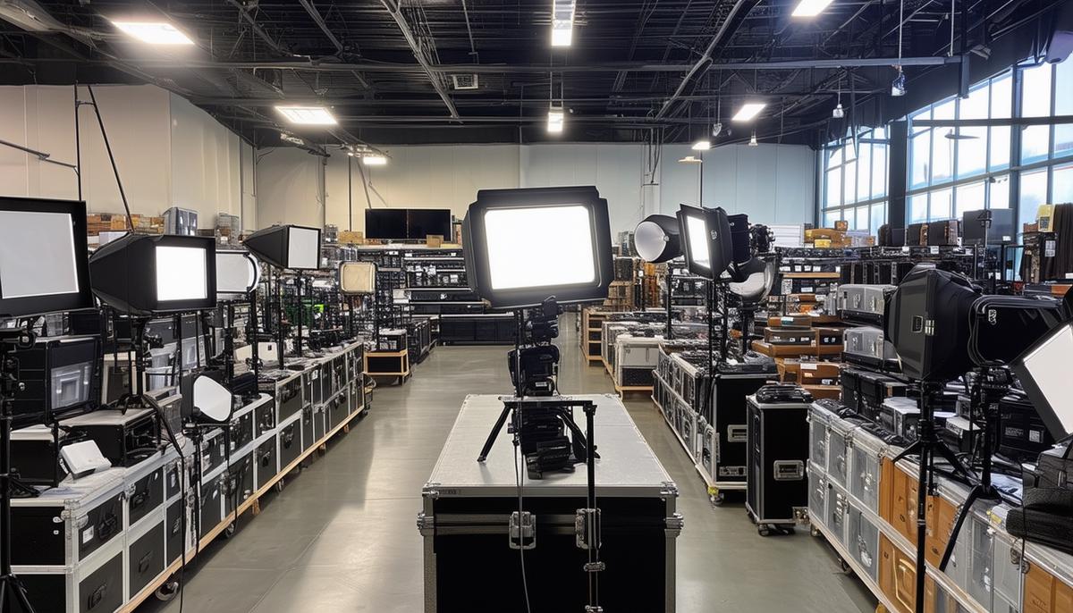Extensive inventory of lighting equipment at Nashville Lighting & Grip, showcasing various LED brands and SkyPanel units