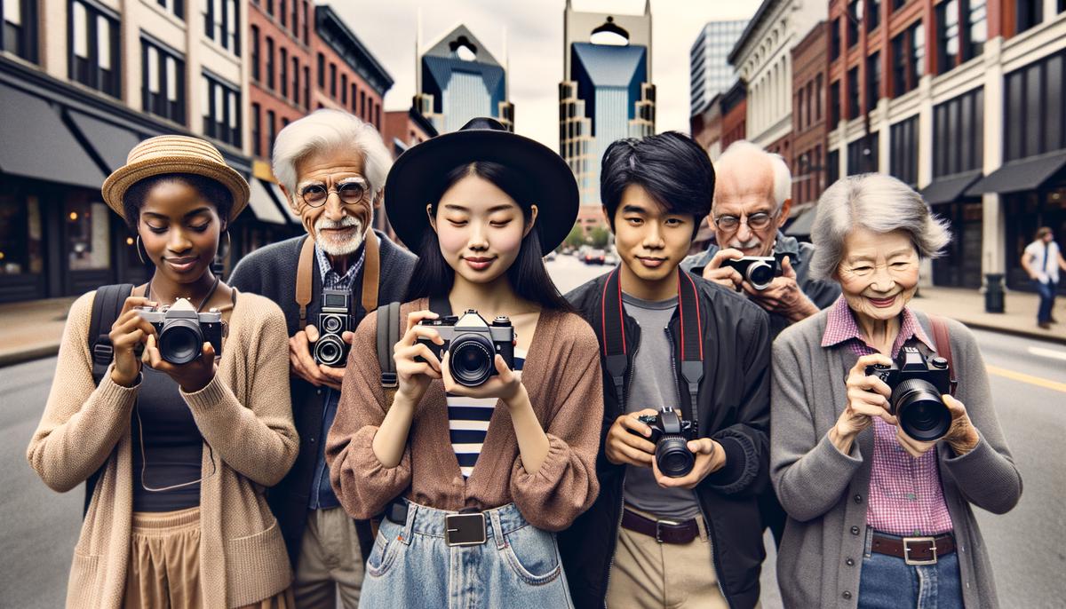 A group of photographers on a photo walk in downtown Nashville, capturing the city's vibrant atmosphere