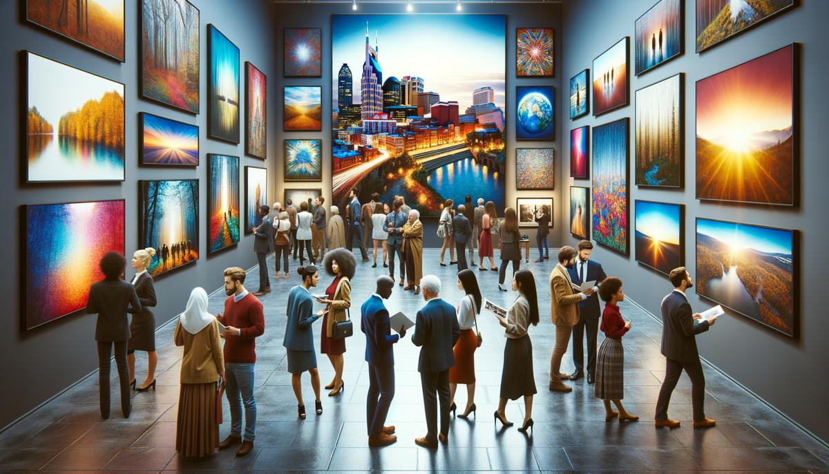 A bustling photography exhibition in Nashville, showcasing diverse works from local meetup members