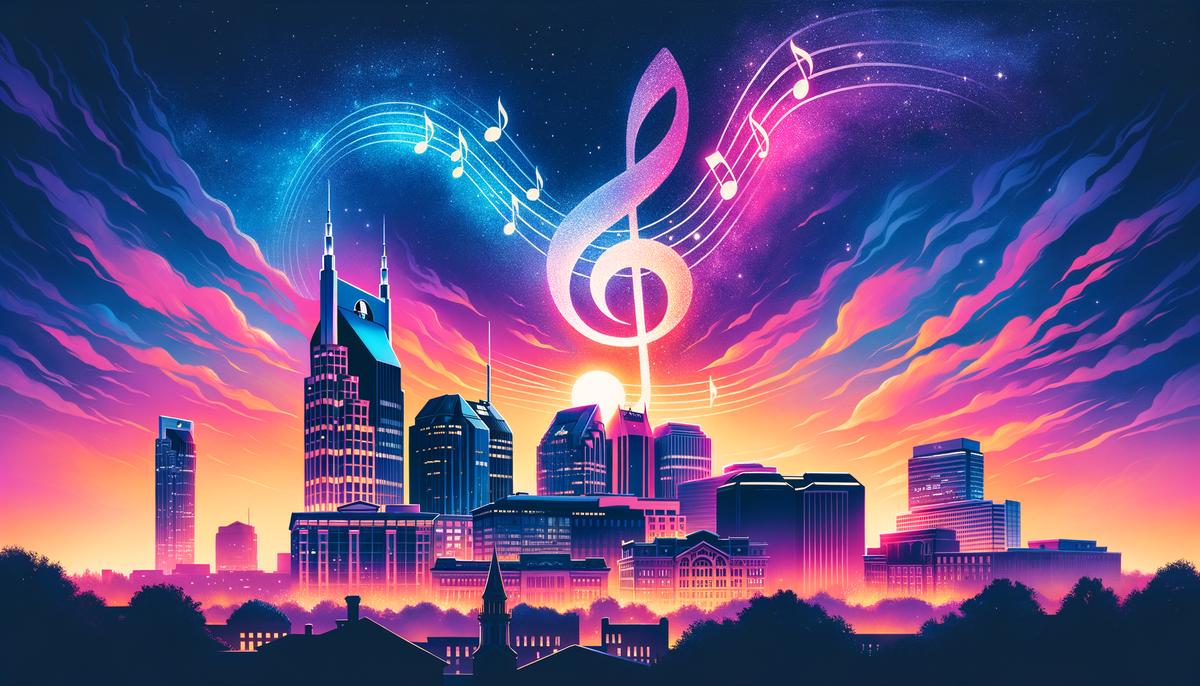 Nashville skyline at dusk with transparent music notes floating above the city