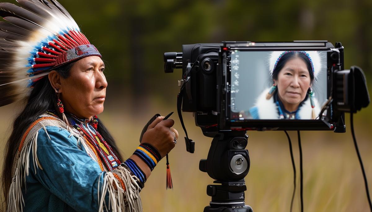 A Native American photographer conducting a portrait session with a traditional Native American subject