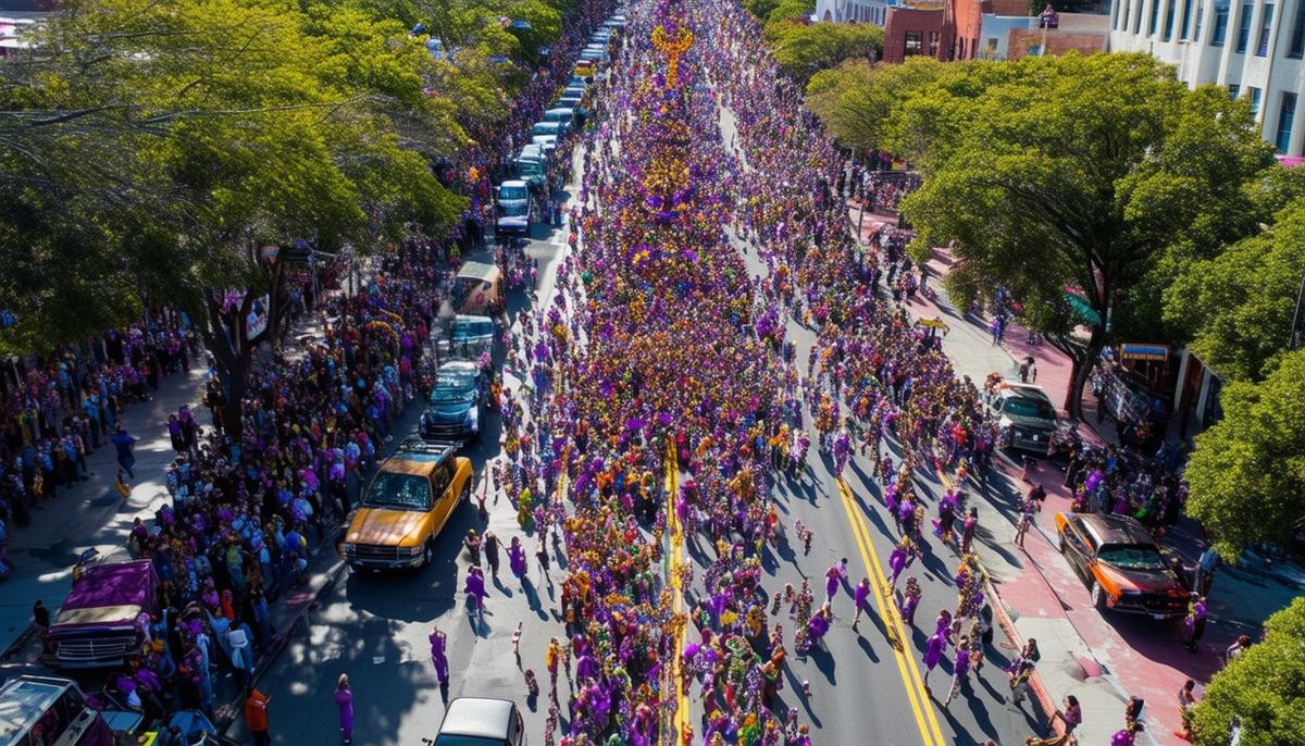A bird's eye view of a crowded Mardi Gras parade route with clearly marked areas for photographers