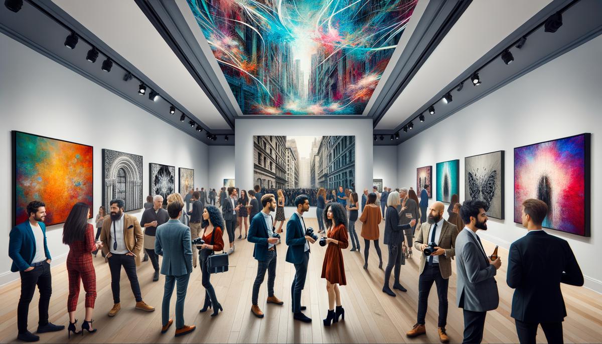 Photographers mingling and networking at an upscale gallery event, with modern art installations providing an inspiring backdrop for conversation.