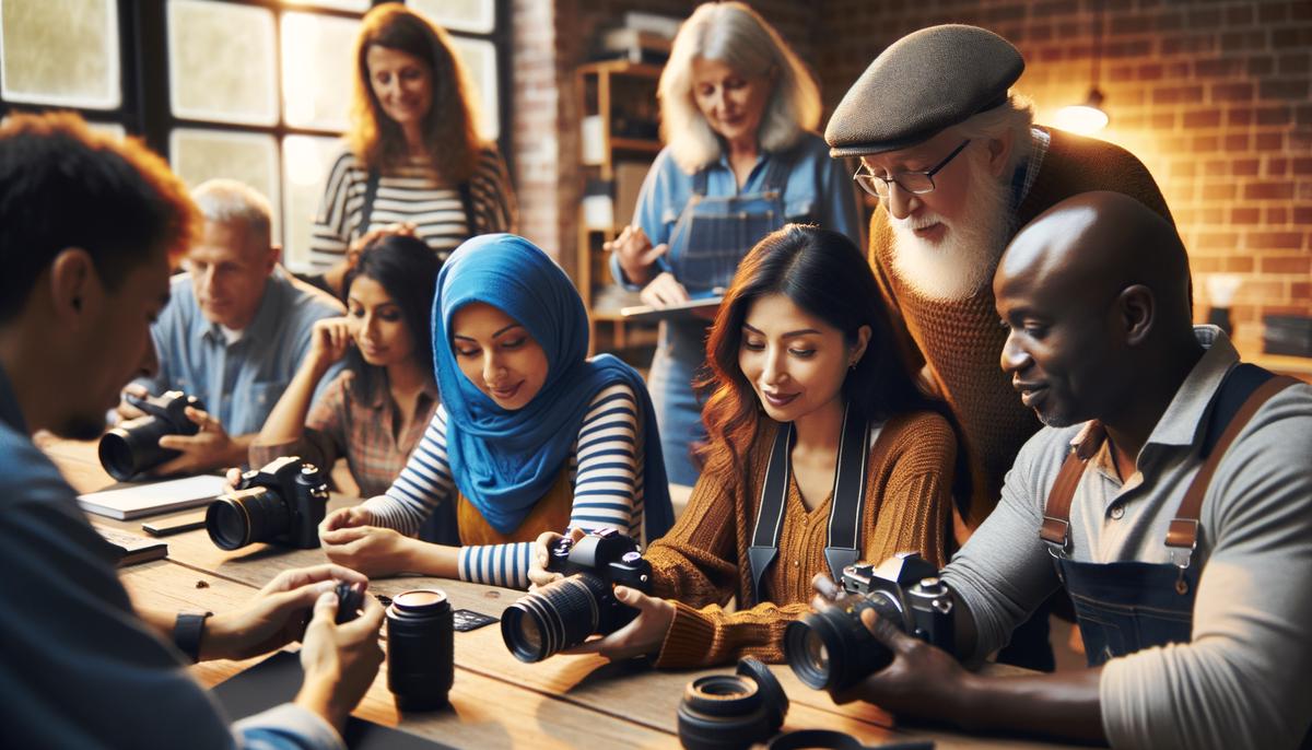 Photographers collaborating and learning together at a hands-on photography workshop, with a professional instructor providing guidance.