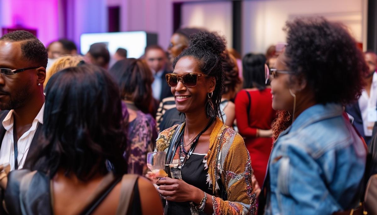 A diverse group of photographers and industry professionals mingling at a networking event during the Essence Festival