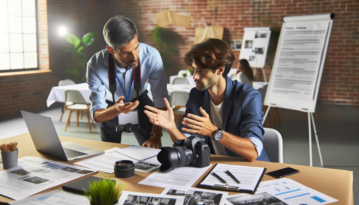 A photographer networking and discussing event details with conference organizers