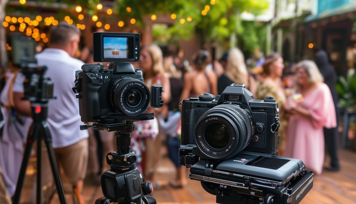 A professional event photographer with their equipment at a New Orleans party, showcasing various cameras and a portable printer