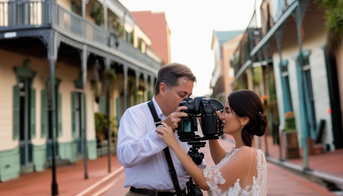 A professional photographer capturing a portrait in a picturesque New Orleans setting