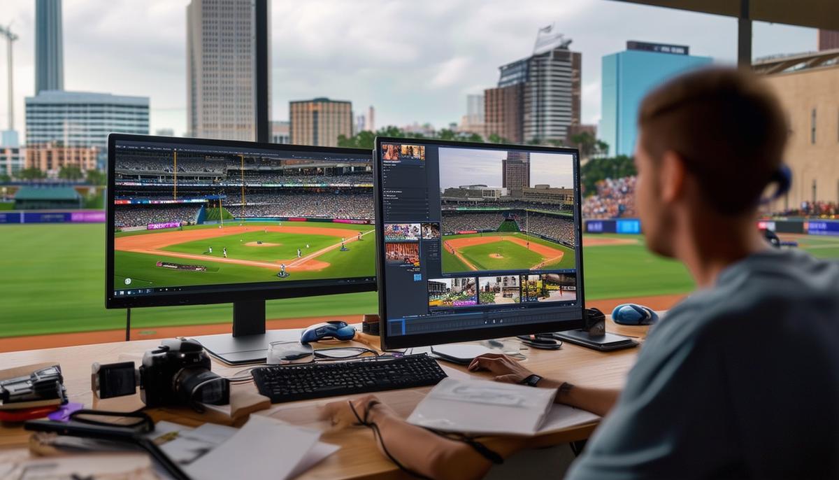 A sports photographer editing and curating photos on a computer after a game in New Orleans
