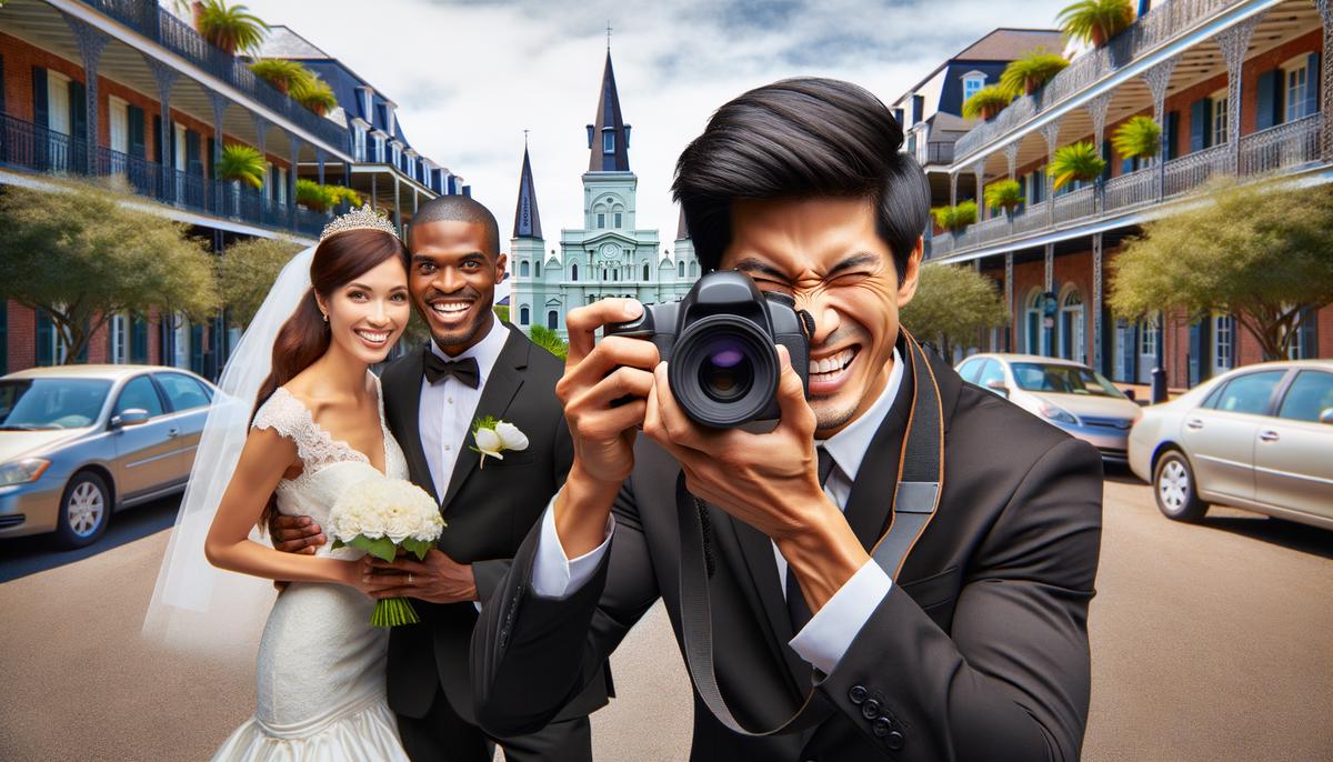 A wedding photographer in action, capturing a joyful moment between a bride and groom in a New Orleans setting