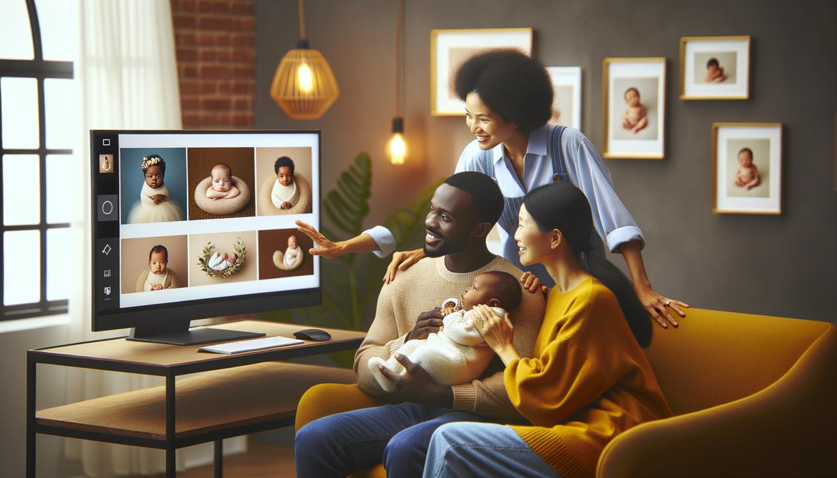 A family reviewing their newborn photos with a photographer in Rogers, AR