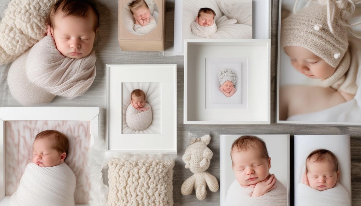 An array of newborn photography products and packages, including digital images, prints, and keepsake albums, showcasing the variety of options available to clients.