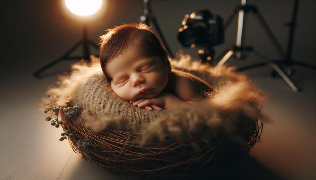 A peaceful newborn baby sleeping in a cozy nest-like prop during a professional photo session