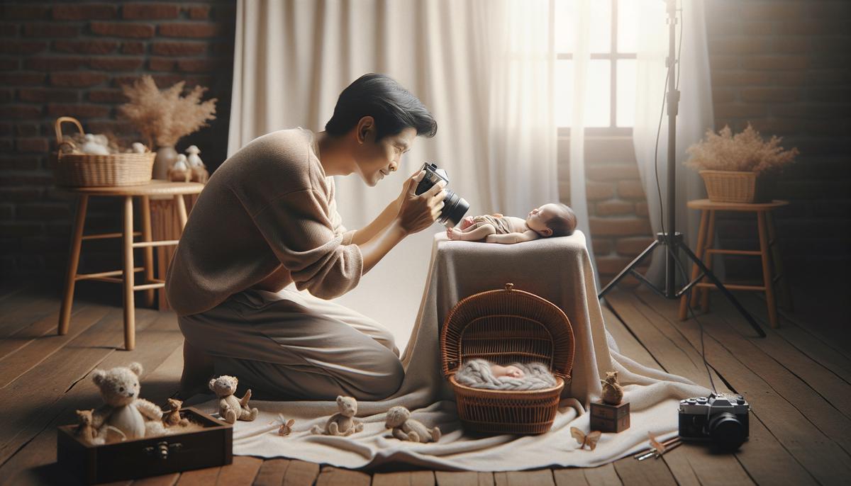 A photographer carefully positioning a newborn for a portrait in a cozy, well-lit studio setting