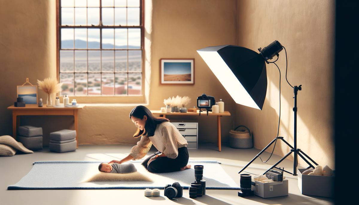 A newborn photography session in progress, with a photographer carefully posing a baby
