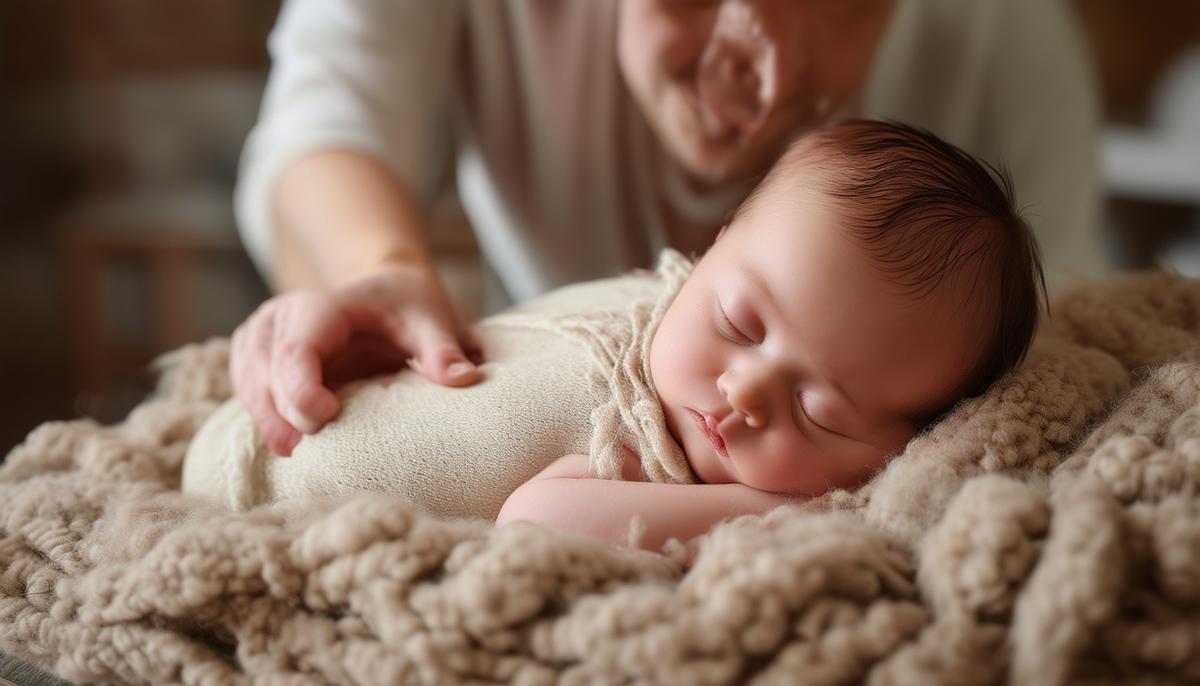 A newborn photography session in progress with a photographer carefully posing a baby
