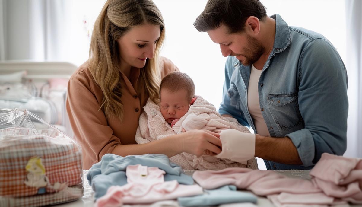 Parents preparing for a newborn photo session, packing personal items and coordinated outfits