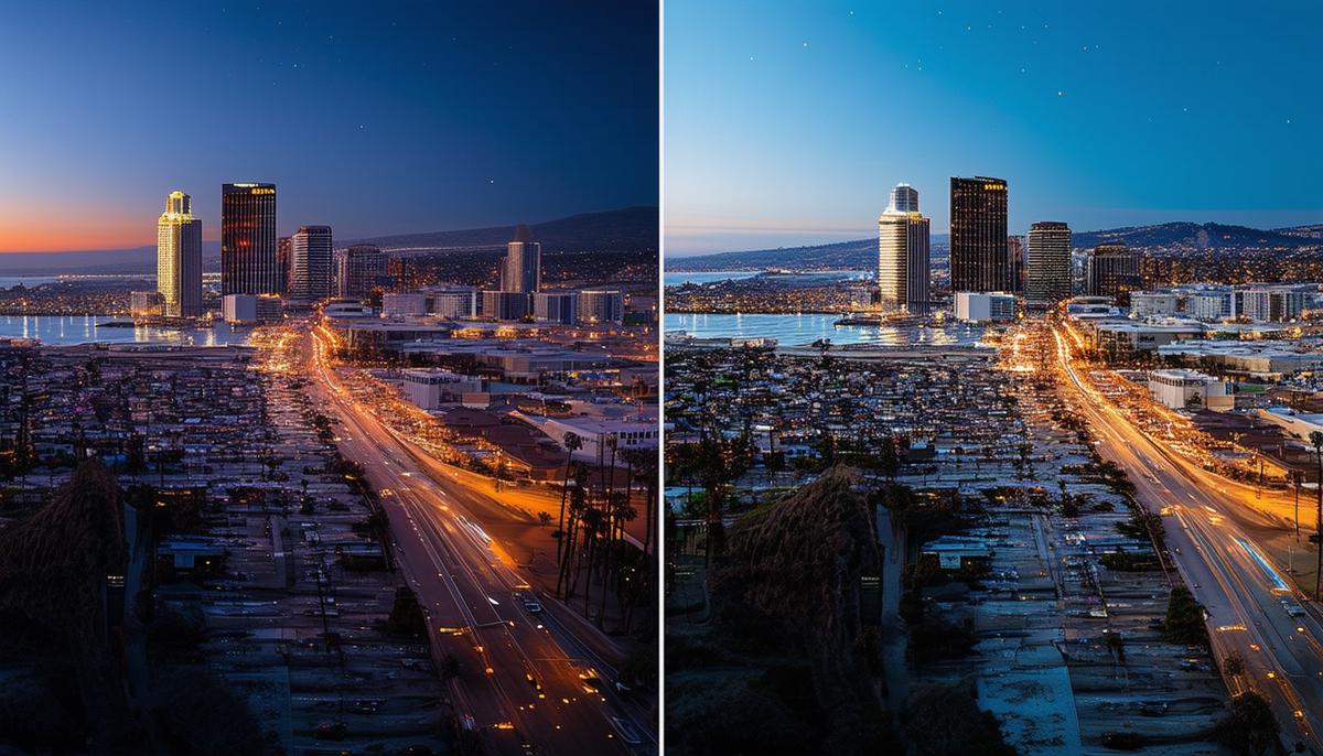 A split-screen image showing a raw night photograph of San Diego on one side and the same image after professional post-processing on the other