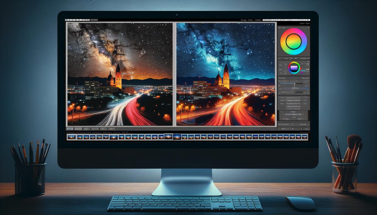 A computer screen showing the process of editing a nighttime photograph of Albuquerque, with before and after images visible