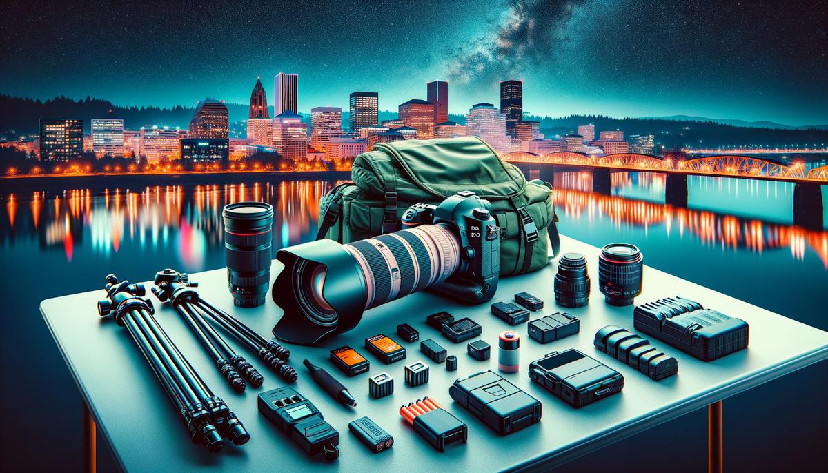 A display of night photography equipment including a camera, wide-angle lens, tripod, and accessories against a Portland night backdrop