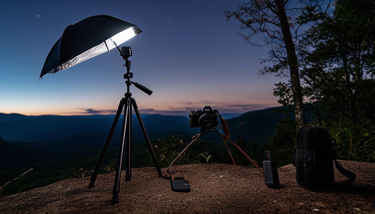A complete night photography setup including a camera on a tripod, remote shutter release, and flashlight for light painting, arranged on a scenic overlook