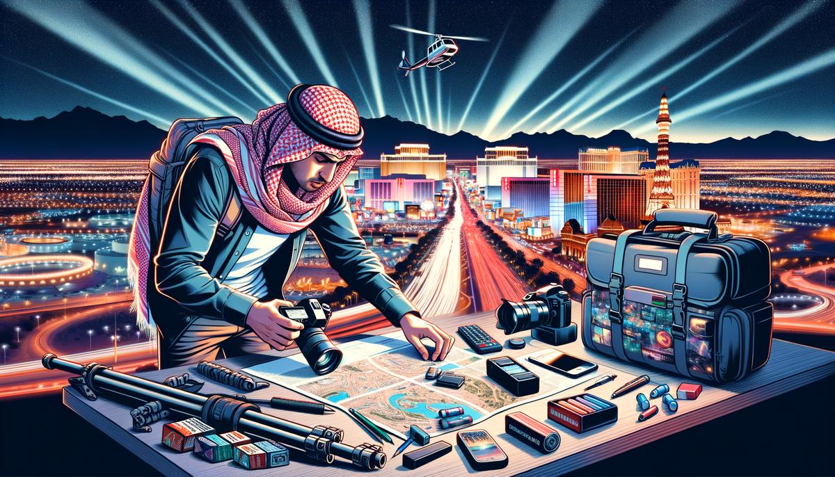 A photographer preparing for a night photography session in Las Vegas, including scouting locations, checking schedules, and packing essential gear