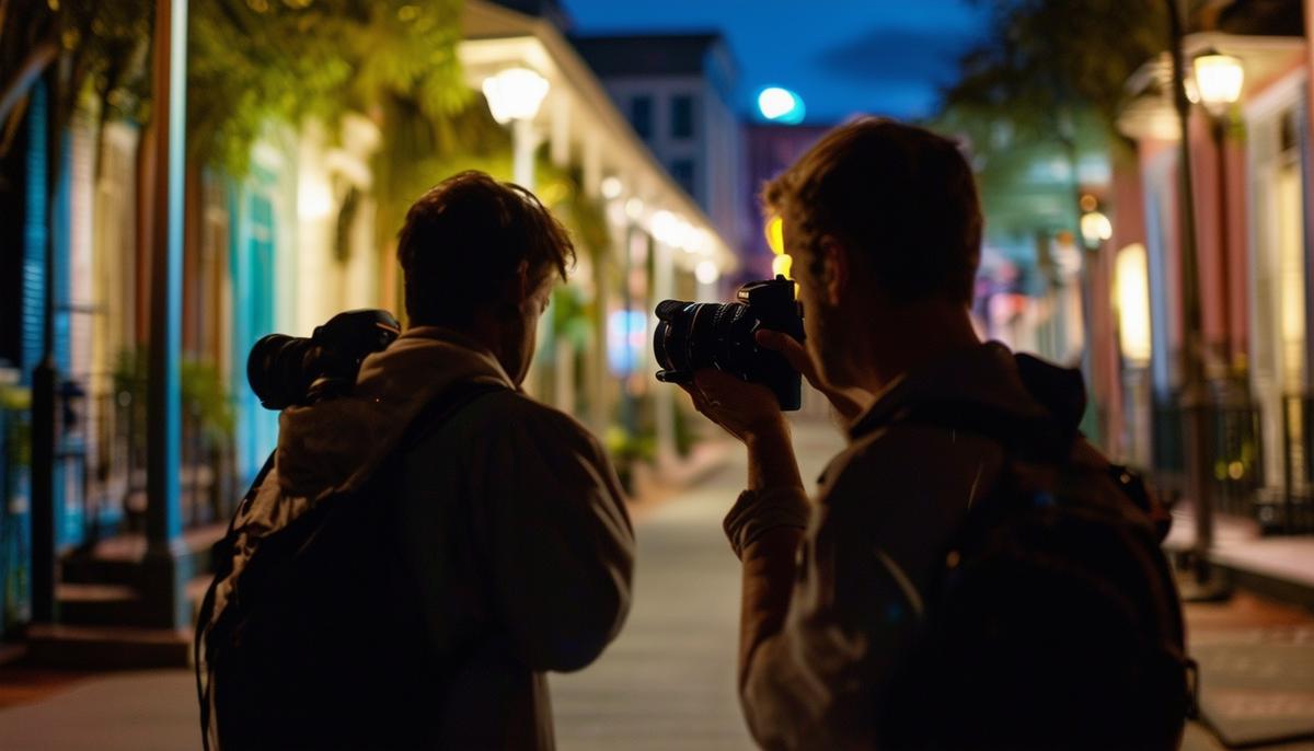 Two photographers exploring the French Quarter at night, one keeping a hand on their camera while the other scans their surroundings