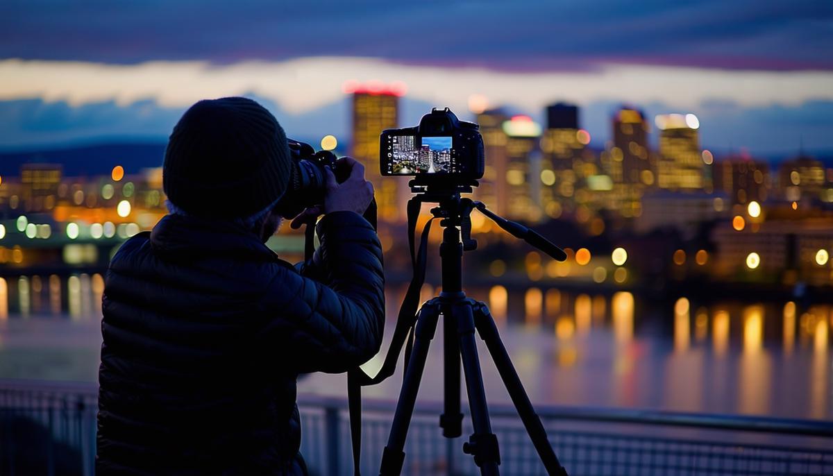A photographer adjusting camera settings on a tripod, capturing Portland's night skyline