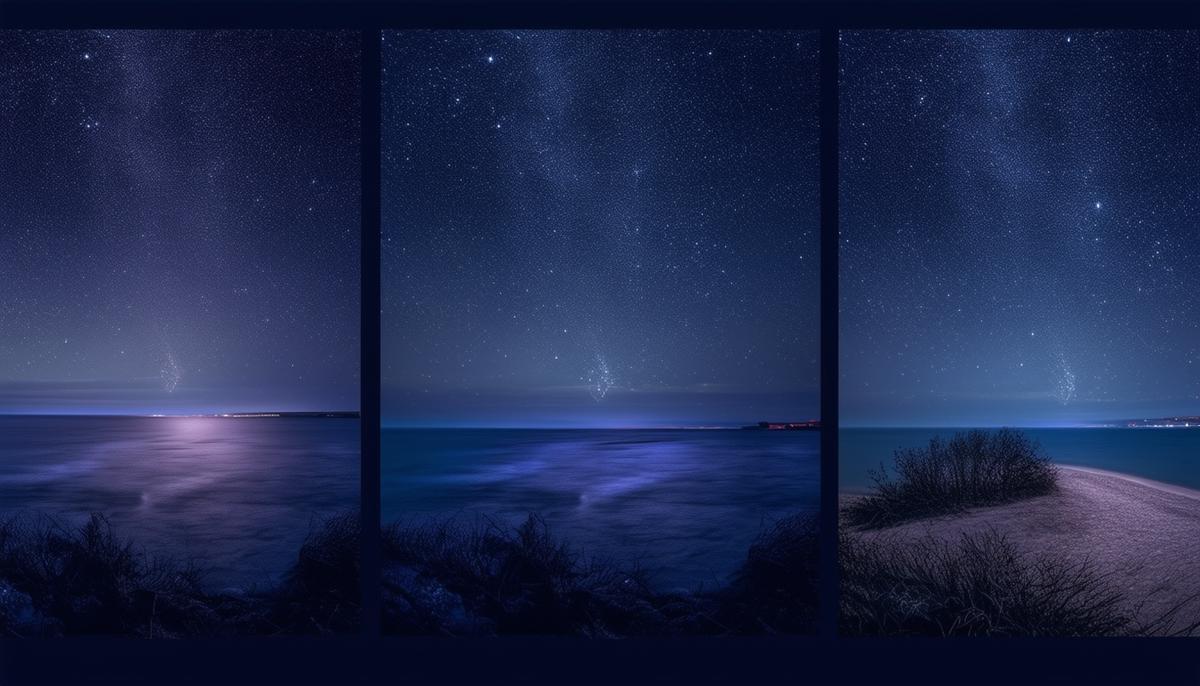 Illustrations demonstrating night photography techniques, such as long exposures, using star filters, and bracketing exposures