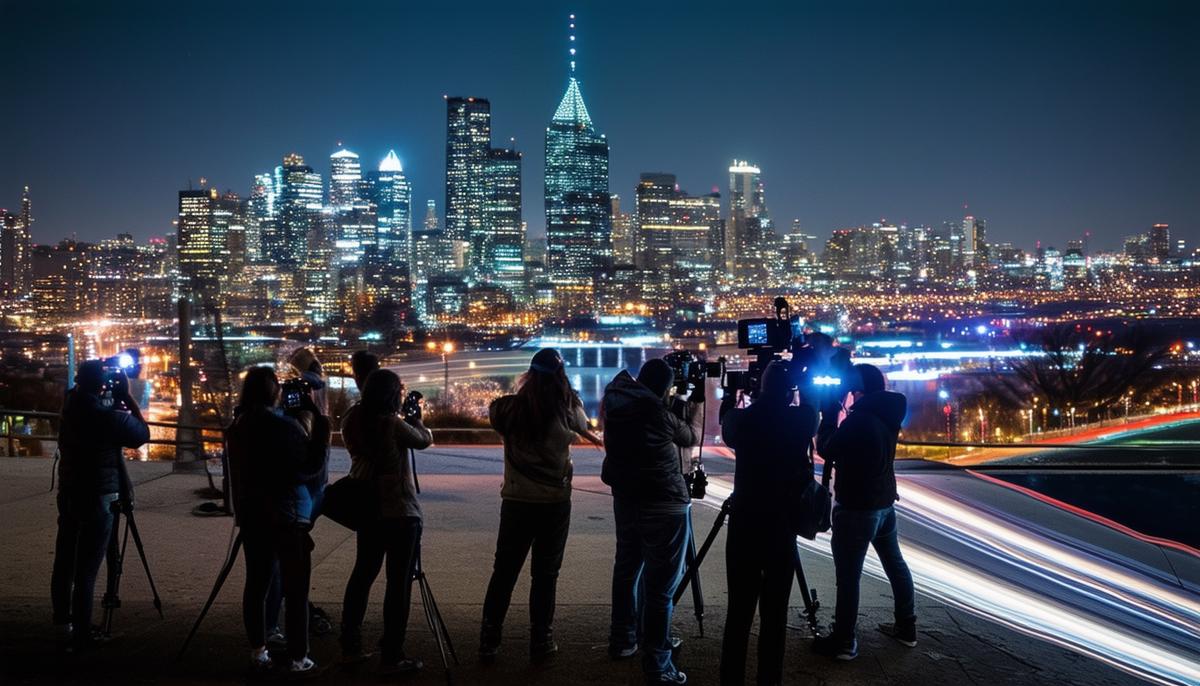 A group of photographers participating in a night photography workshop, capturing the city skyline and light trails.