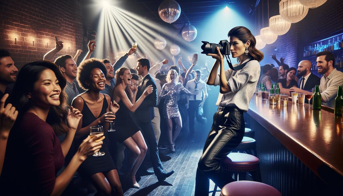 A skilled photographer navigating a lively Nashville nightclub, capturing the energy and atmosphere