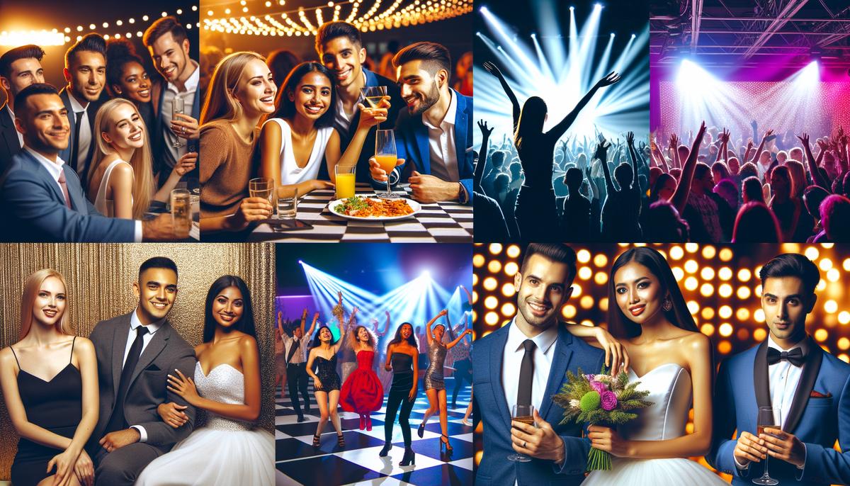 A collage showcasing the importance of professional nightlife event photography, with images of a corporate party, community fundraiser, and wedding, all beautifully captured by skilled photographers.