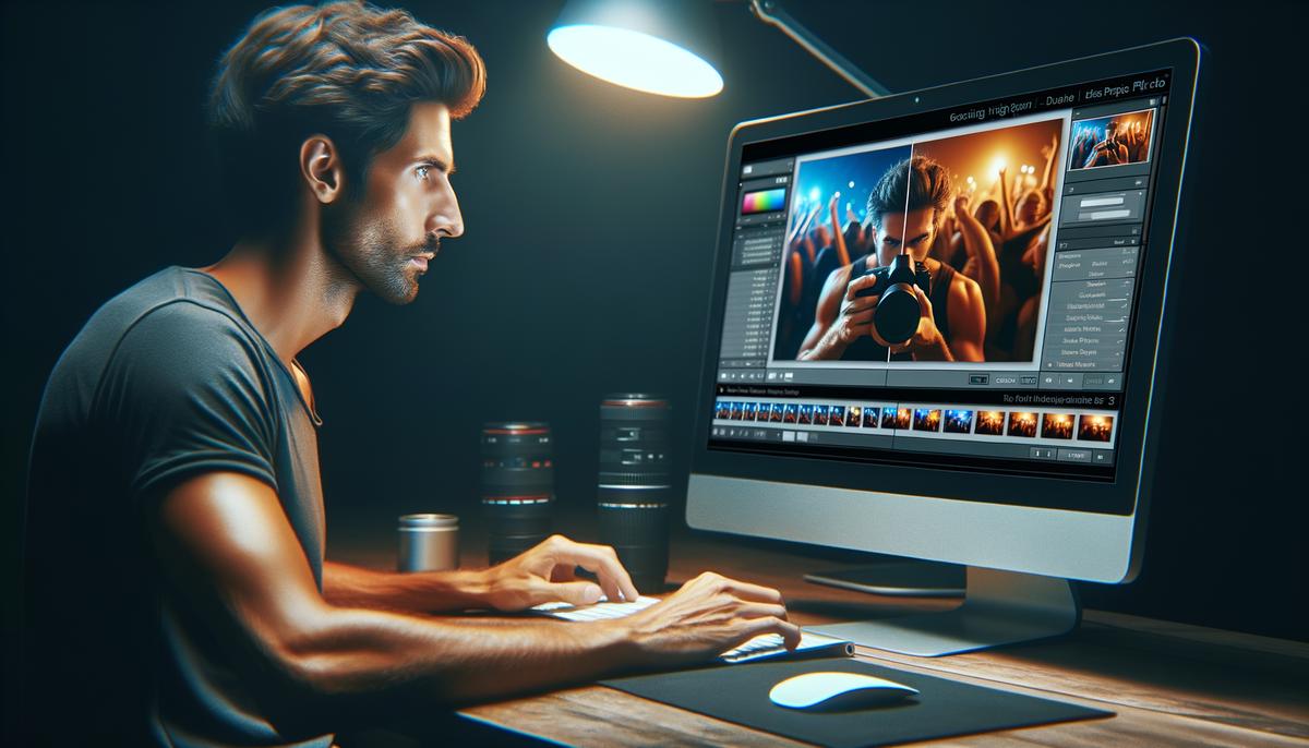 A photographer editing nightlife photos on a computer, showcasing before and after images