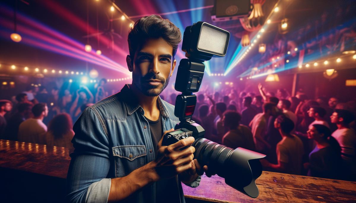 A nightlife photographer with essential equipment including a camera with a fast lens, external flash, and portable LED panel, working in a low-light environment