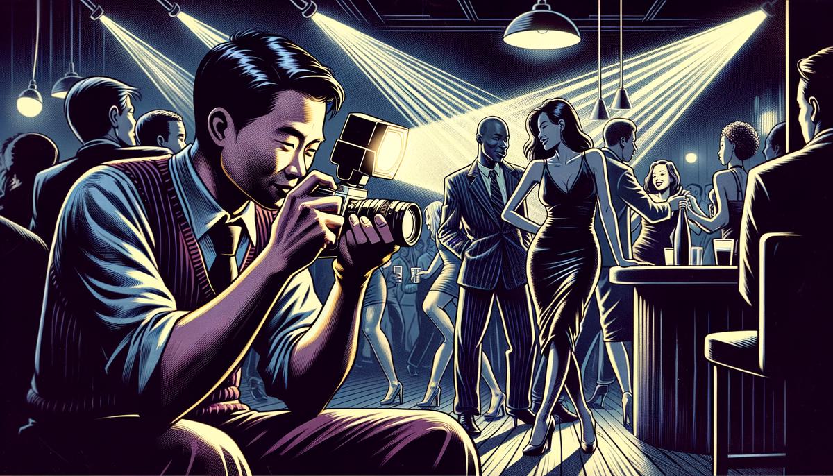 A photographer using a film camera with flash to capture a lively scene in a dimly lit Boston nightclub