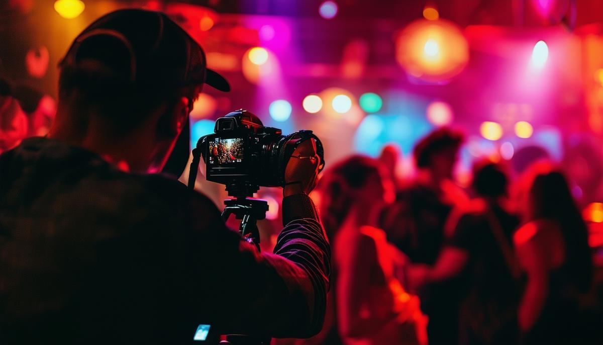A photographer capturing a lively nightclub scene with a professional camera
